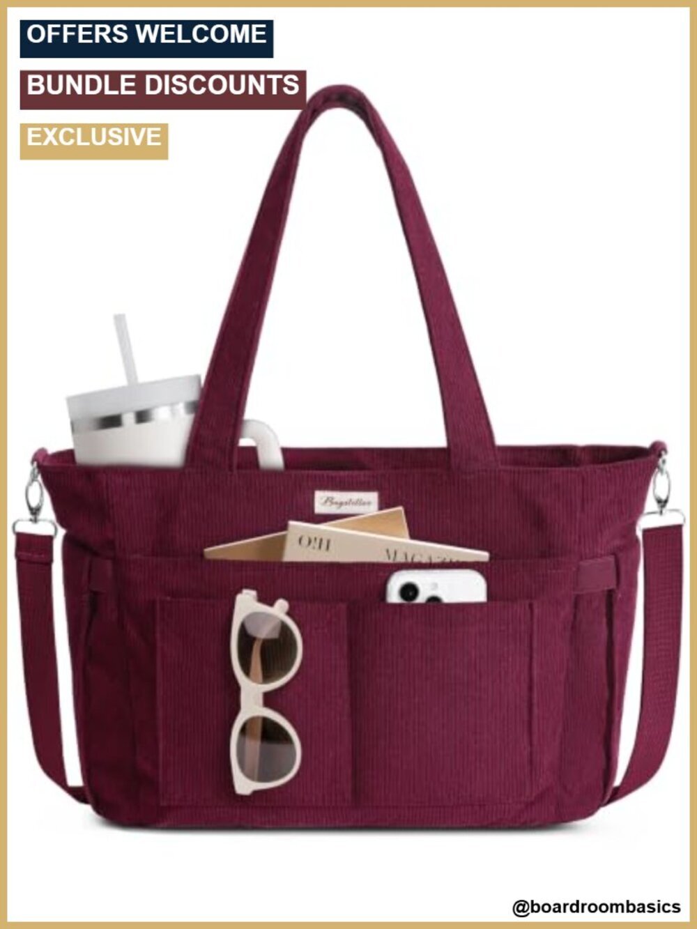 Corduroy Tote Bag with 17 Pockets, Fits 15.6" Laptop, Machine Washable